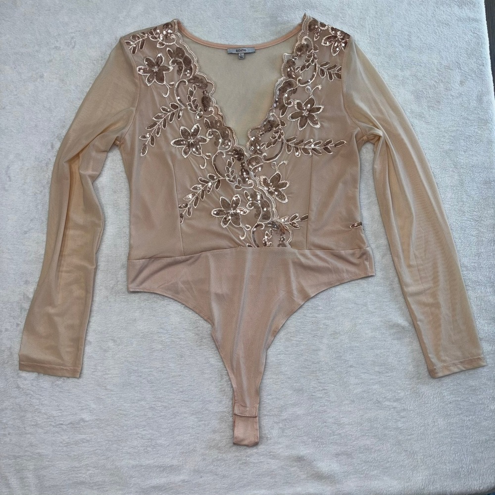 Blashe Nude Mesh Floral Sequin Embroidered Long Sleeve V-Neck Bodysuit